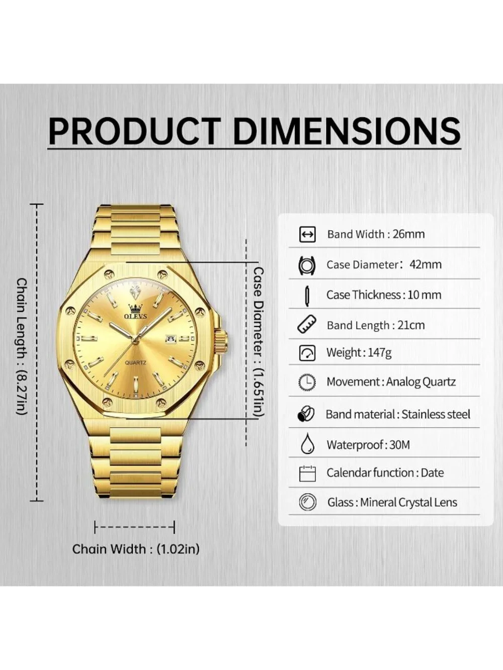 Men's Gold Luxury Stainless Steel Octagon Classic Analog Quartz Waterproof Watch